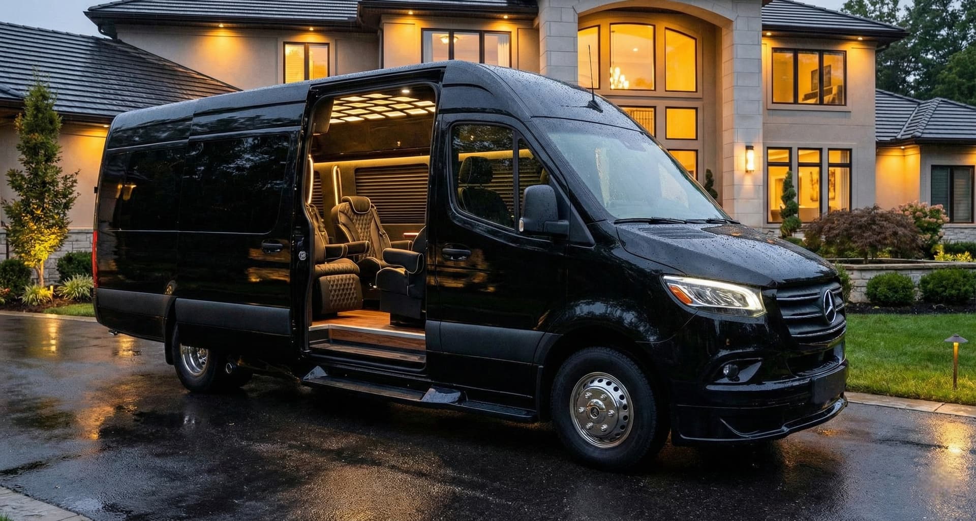 Mercedes Sprinter Van NYC interior — 14 leather captain chairs with executive configuration